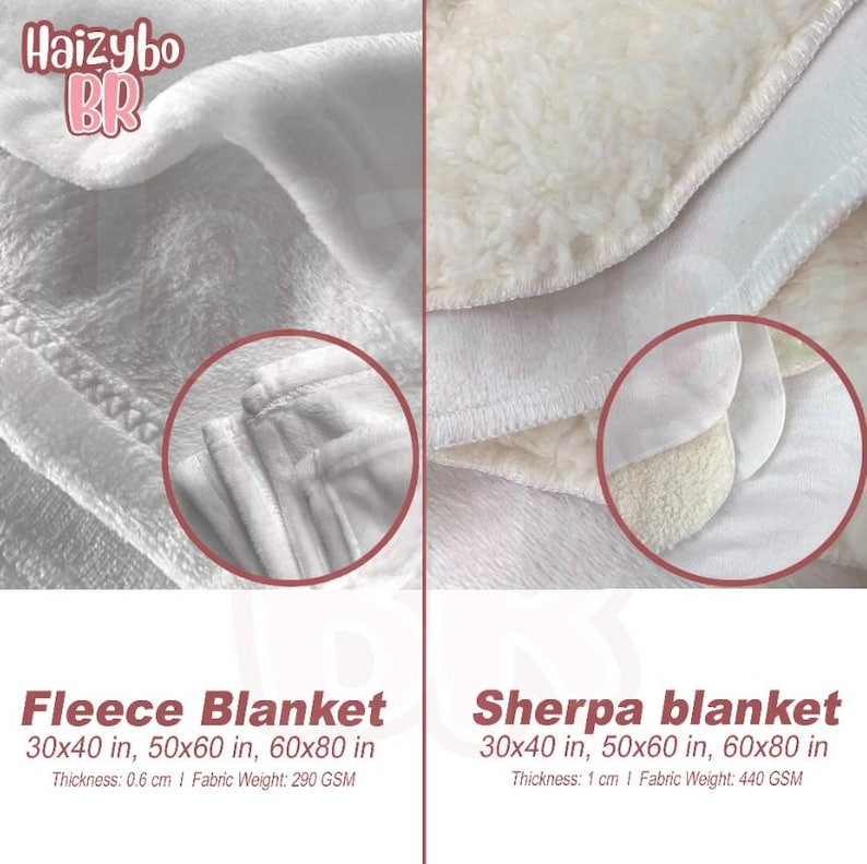 May include: A white fleece blanket with a 0.6 cm thickness and 290 GSM fabric weight, and a white sherpa blanket with a 1 cm thickness and 440 GSM fabric weight. Both blankets are available in 30x40 in, 50x60 in, and 60x80 in sizes. Text reads Haizybo BR.