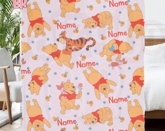 Custom Name Winnie The Poooh Baby Blanket, Personalized Disnney Sherpa Throw, Summertime Fun Fleece Blanket