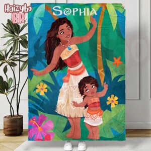 May include: A rectangular fleece blanket featuring a vibrant tropical scene with a large cartoon character and a smaller child character. The name Sophia is printed in white at the top. The background displays green palm leaves, yellow flowers, a pink hibiscus, and an orange starfish.
