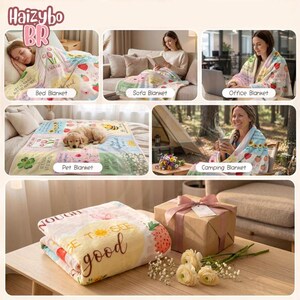 May include: A soft, multi-colored throw blanket featuring a patchwork design with illustrations of strawberries, flowers, butterflies, and bees, alongside inspirational text. The blanket is shown in various settings, including on a bed, sofa, and outdoors.