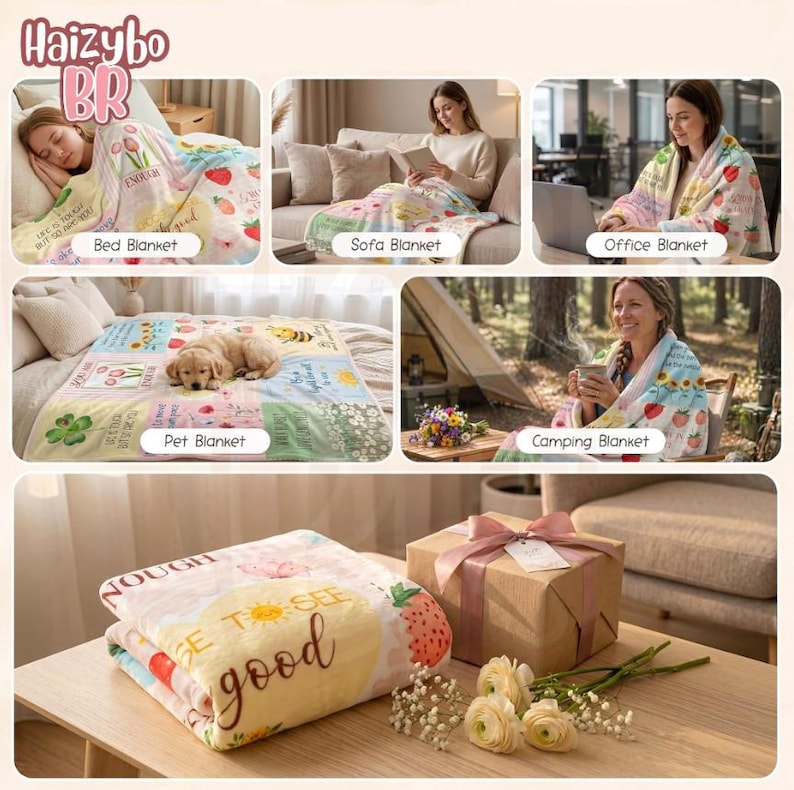 May include: A soft, multi-colored throw blanket featuring a patchwork design with illustrations of strawberries, flowers, butterflies, and bees, alongside inspirational text. The blanket is shown in various settings, including on a bed, sofa, and outdoors.