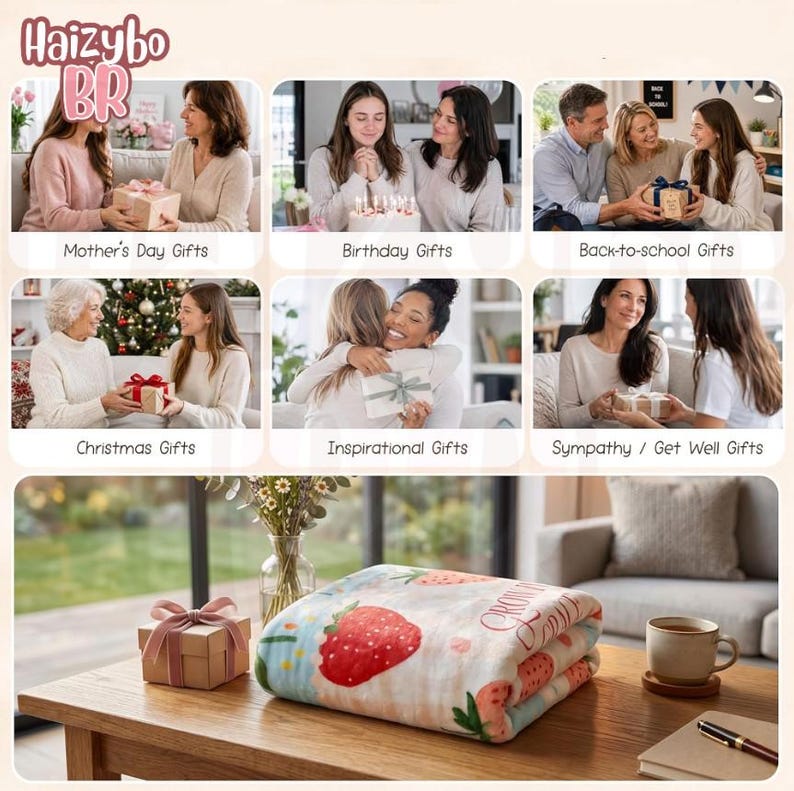 May include: A folded plush blanket featuring a strawberry pattern on a light background, displayed on a wooden table next to a gift box with a pink ribbon, a ceramic mug, and a pen, with a collage of gift-giving scenes shown above.