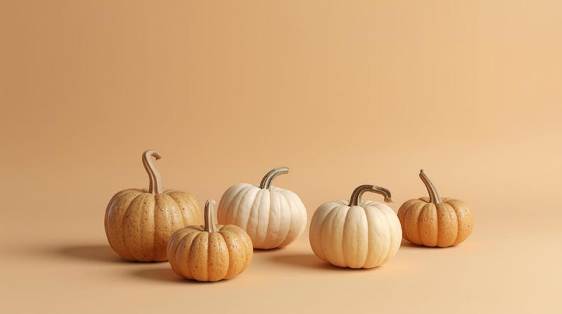 Puede incluir: Cinco calabazas de varios tama&ntilde;os y tonos naranja y blanco sobre un fondo melocot&oacute;n liso. Las calabazas, con superficies texturizadas y tallos curvos, evocan el tema de la cosecha de oto&ntilde;o.