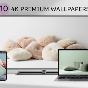 May include: A television screen displays a collection of plush pillows in beige and white. A smartphone and laptop show complementary images of pillows. The text "10 4K PREMIUM WALLPAPERS" is visible at the top.