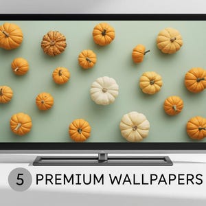 May include: A flat-screen TV displays a collection of pumpkins in various sizes and colors against a light green background. The pumpkins range from orange to white, with textured surfaces. The text "5 PREMIUM WALLPAPERS" is displayed at the bottom.