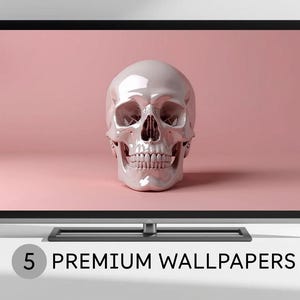 May include: A white, glossy skull is displayed on a pink background on a flat-screen TV. The skull is highly detailed and well-lit. The text "5 PREMIUM WALLPAPERS" is shown at the bottom of the screen.