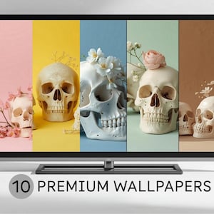 May include: A flat-screen TV displays a series of skull images against colorful backgrounds. The skulls are adorned with flowers. The text "10 PREMIUM WALLPAPERS" is displayed at the bottom of the screen.