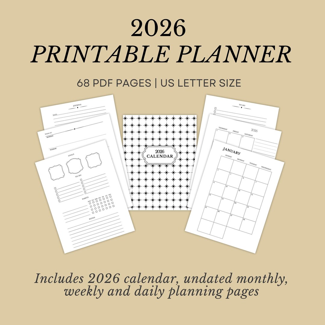 Printable Planner Bundle, 2026 Monthly Calendar, Undated Weekly Daily