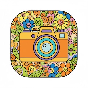 May include: A vibrant illustration of a camera in orange, with a blue and purple lens, set against a colorful floral background. The design features a square shape with rounded corners, filled with flowers and swirling patterns in various colors.