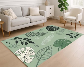 Botanical Green Leaf Rug: Washable Scandinavian Non-Slip Carpet