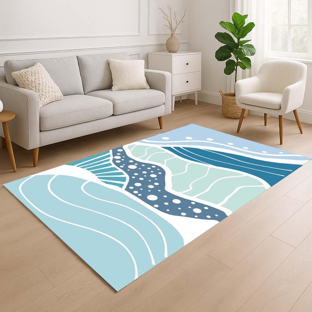 Ocean Wave Rug: Abstract Coastal Carpet, Blue Mint Tones, Washable - Etsy