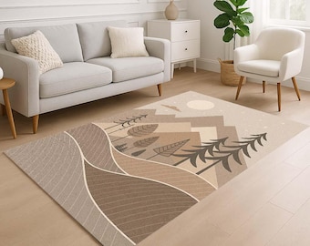 May include: A rectangular area rug with a mountain landscape design in shades of brown, beige, and gray. The rug features stylized trees, hills, and a sun. The rug is placed on a hardwood floor in a living room setting.