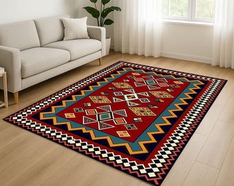 Boho Geometric Area Rug: Tribal Red Living Room Carpet