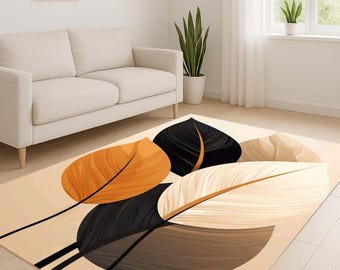 Floral Leaf Area Rug: Beige Brown Black, Washable Non-Slip Carpet