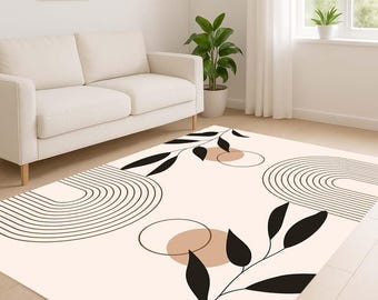 Abstract Scandinavian Rug: Beige Botanical Leaf, Non-Slip Washable Carpet