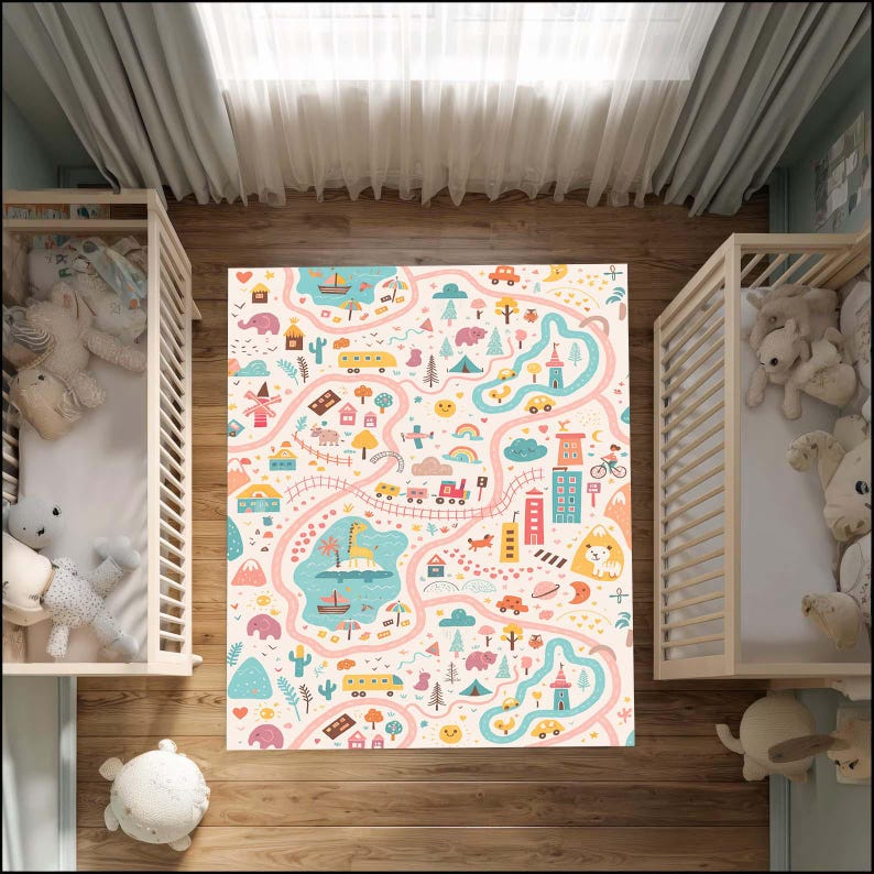 Adventure Road Map Kids Rug: Washable Playroom Nursery Mat - Etsy