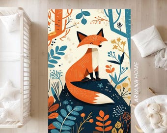 Woodland Fox Kids Rug: Washable Nursery Play Mat