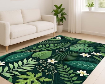 Botanical Leaf Rug: Green Tropical Plant Carpet, Washable Non-Slip