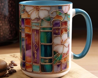 Stained Glass Print Book Mug: Floral Library Coffee Cup, Book Lover Reading Nook Gift