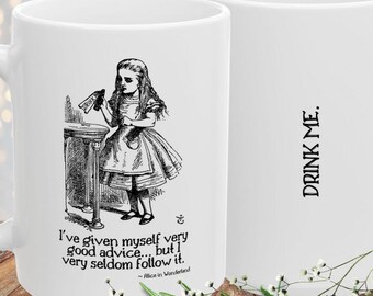 Alice in Wonderland Mug: Drink Me Coffee Cup, Tenniel Illustration Tea Cup