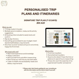 Könnte beinhalten: Werbebild für personalisierte Reisepläne und Reiserouten. Der Text lautet "Personalisierte Reisepläne und Reiserouten" und "Signature Trip Plan (7-13 Tage)". Ein Laptop zeigt einen Beispiel-Reiseplan. Zusätzlicher Text beschreibt die Leistungen.