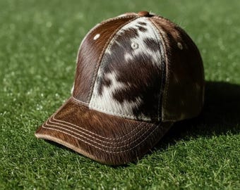 Boné de beisebol em couro bovino com pelo marrom e branco – Presente perfeito para rancheiros do oeste americano