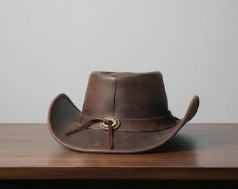 Handmade Brown Cowhide Leather Cowboy Hat – Western Outback Style