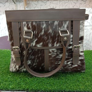 Cowhide Leather Handbag Brown White Hair-On Hide Tote Bag Western Purse