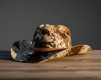 Chapéu de cowboy artesanal em couro bovino marrom e branco – Presente de moda country