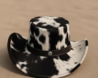 Chapéu de cowboy em couro preto e branco – Chapéu western genuíno com pelo, feito à mão