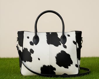 Cowhide Leather Tote Bag Black White Hair-On Hide Western Purse Handbag