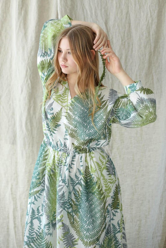green fern print dress 1950s Fern Embroidered Party Dress