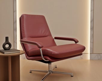 Mid Century Modern Lounge Sessel, Roter Bürosessel aus Leder