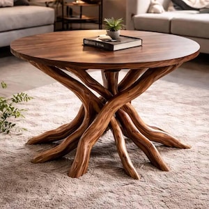 Solid Wood Coffee Table, Sculptural Tree Root Base, Rustic Organic Centerpiece