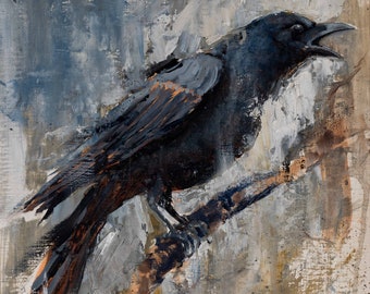 Black RAVEN Painting * Stormy Dark Modern Gothic on Stretched CANVAS Ready to Hang, Edgar Alan Poe Wall Art Crow Prints Raven Prints