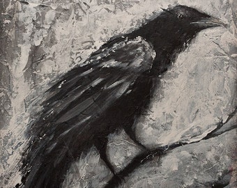 Raven Crow Painting * Giclee Print on Stretched Canvas of Dark Gothic Crow, Black Bird on Panel Ready to Hang, Black and White