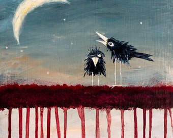 WHIMSICAL CROW Fun Humorous on Canvas * Giclee Print Canvas * Fantasy Bird PAINTING Giclee Print on Canvas Crazy Crows