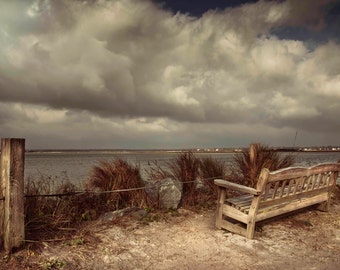 TOPSAIL SOUND * Relaxing Beach House Art -Bench overlooking marshland along North Carolina Coast * Photography Print on Canvas Ready to Hang