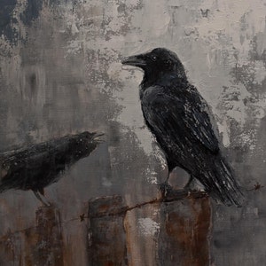RAVENS CROW Wall Art Edgar Alan Poe Stretched CANVAS Modern Expressionist Dark Bird Painting Ready to Hang Free Shipping image 1