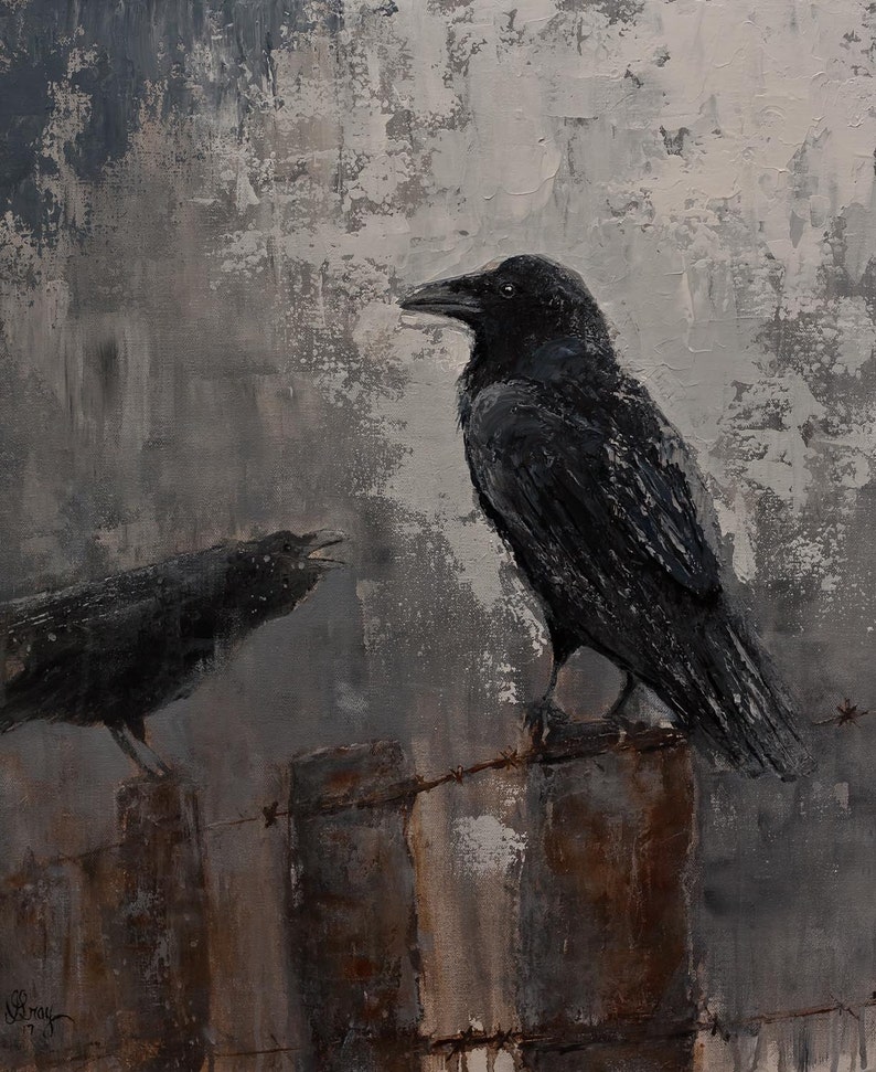 RAVENS CROW Wall Art Edgar Alan Poe Stretched CANVAS Modern Expressionist Dark Bird Painting Ready to Hang Free Shipping image 1