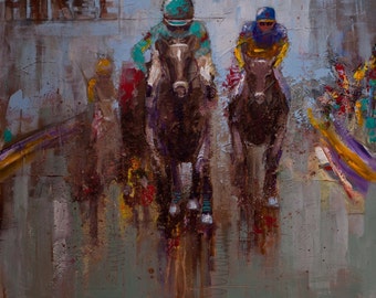 HORSES Original PAINTING on Canvas * Kentucky Derby Art * Modern Expressionist Style Equestrian Wall Art * Free Shiping UsA