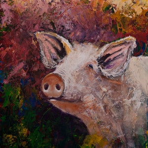 PIG * HOG * FARM Animal * Country Home Decor * Giclee on Stretched Canvas * Fun colorful expressionist style art *