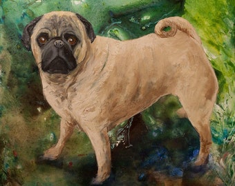 Dog * Pug PET PORTRAIT - DOG Painting - Animal Portrait on Canvas - Giclee Print - Mans best friend - Free Shipping to UsA