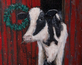 CHRISTMAS COW Art * Farm Animal Painting * on Canvas ORIGINAL Painting on Stretched Canvas Signed and Ready to Hang