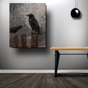 RAVENS CROW Wall Art Edgar Alan Poe Stretched CANVAS Modern Expressionist Dark Bird Painting Ready to Hang Free Shipping image 2