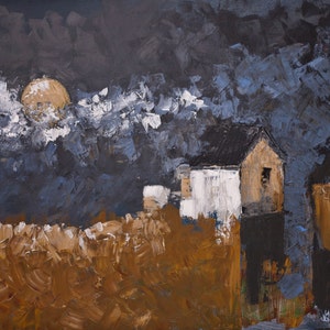 ORIGINAL Abstract LANDSCAPE PAINTING on Canvas Expressionist Style Pallet Knife Painting Full Moon Farm HouseReady to Hang image 1