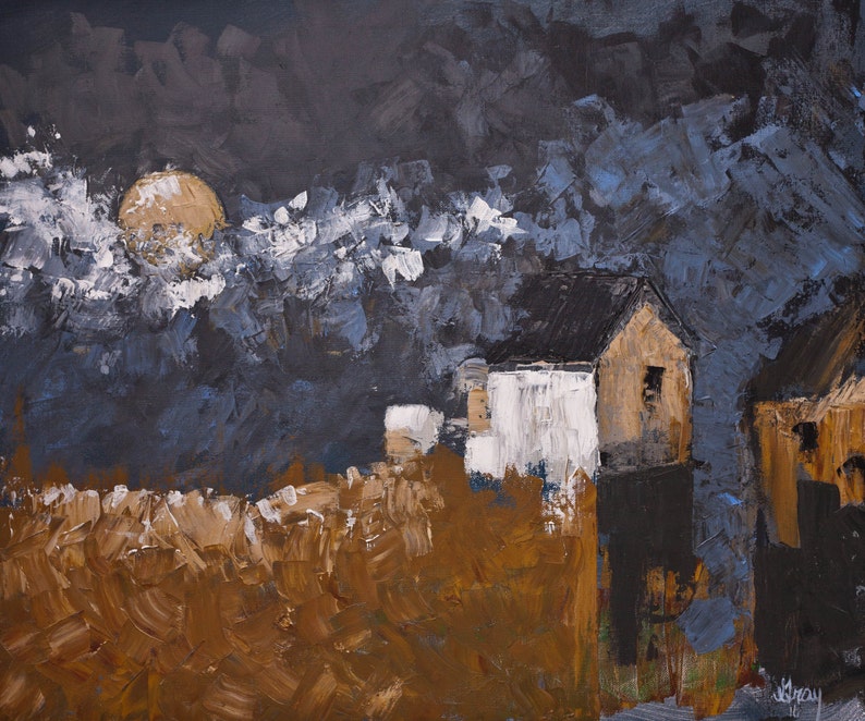 ORIGINAL Abstract LANDSCAPE PAINTING on Canvas Expressionist Style Pallet Knife Painting Full Moon Farm HouseReady to Hang image 1