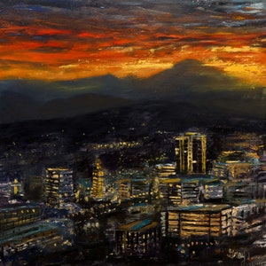 CITYSCAPE SUNSET over Asheville * North Carolina Skyline painting * Expressionist Modern Art * Blue Ridge Mountains Sunset *