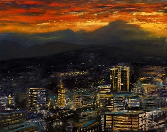 CITYSCAPE SUNSET over Asheville * North Carolina Skyline painting * Expressionist Modern Art * Blue Ridge Mountains Sunset *