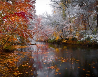 Snow Morning River Photo * Asheville North Carolina Swannanoa River of Early Snow Giclee Print on Stretched CANVAS Ready to Hang